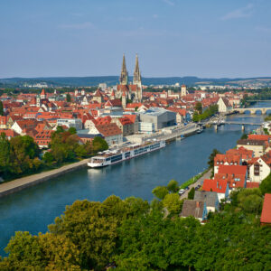The Viking Longship Tor docked on the Danube River in the city of Regensburg, Germany.